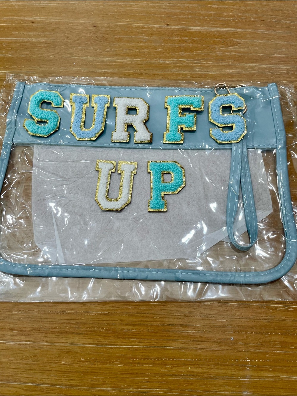 Clear Light Blue Makeup Bag Travel Bag DIY Chenille Letters - SURFS UP
